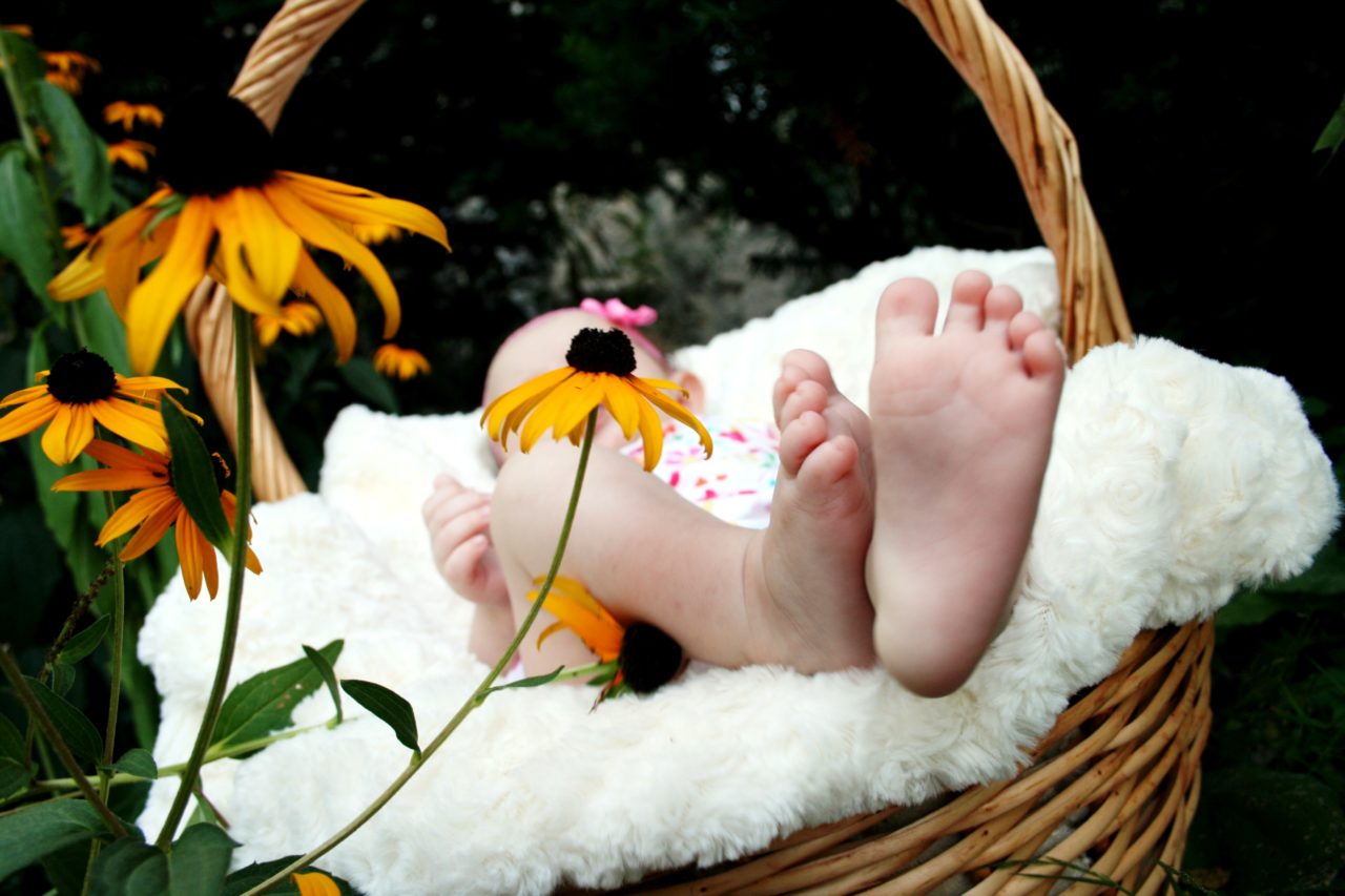 baby laying on brown wicker basket